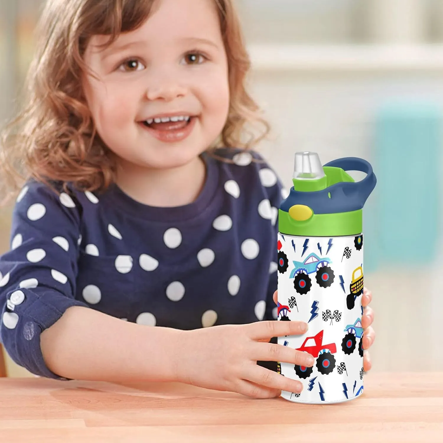 Monster Truck Kids Water Bottle with Straw and Carry Handle Racing Car Cool Vacuum Insulated Stainless Steel Bottles Leak-Proof for Boys Girls Toddler 12 oz Green Lid