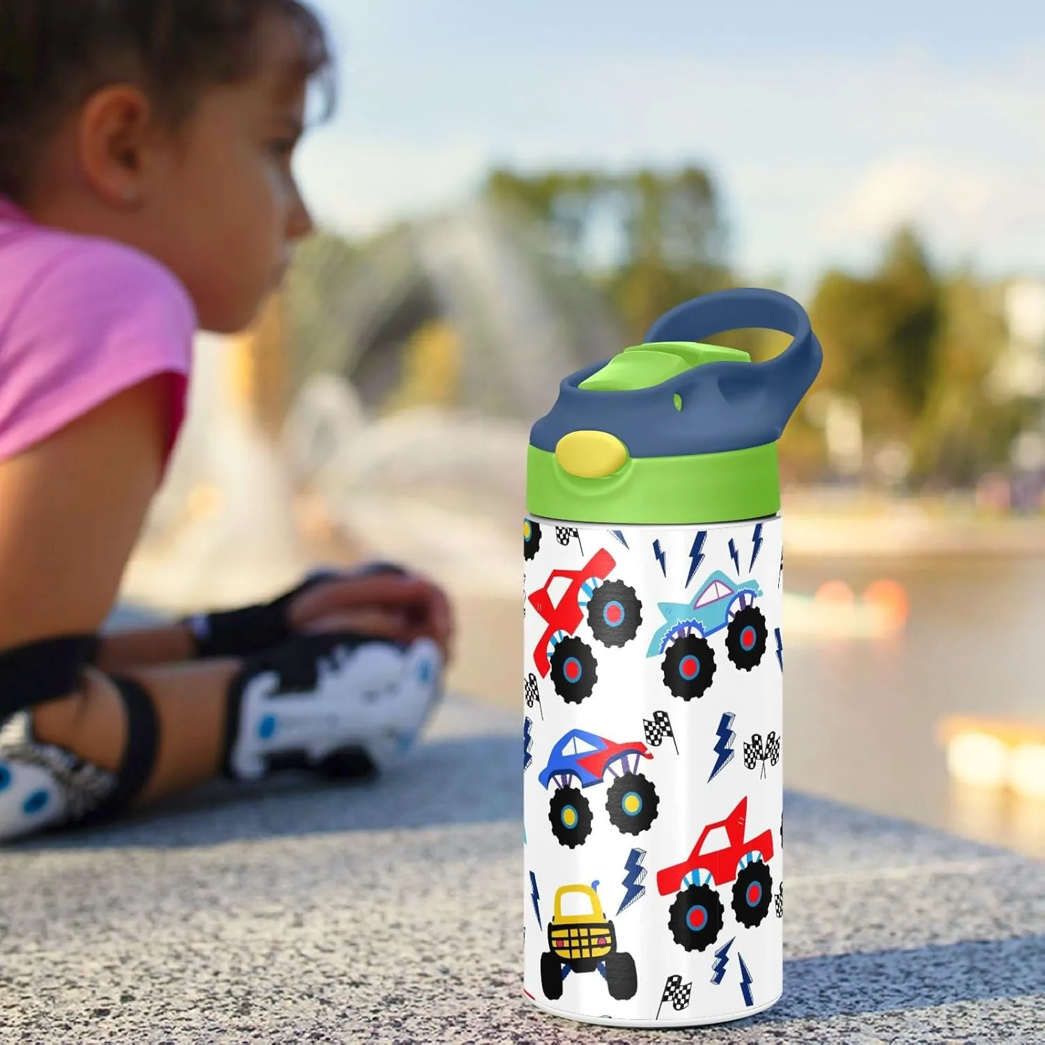 Monster Truck Kids Water Bottle with Straw and Carry Handle Racing Car Cool Vacuum Insulated Stainless Steel Bottles Leak-Proof for Boys Girls Toddler 12 oz Green Lid