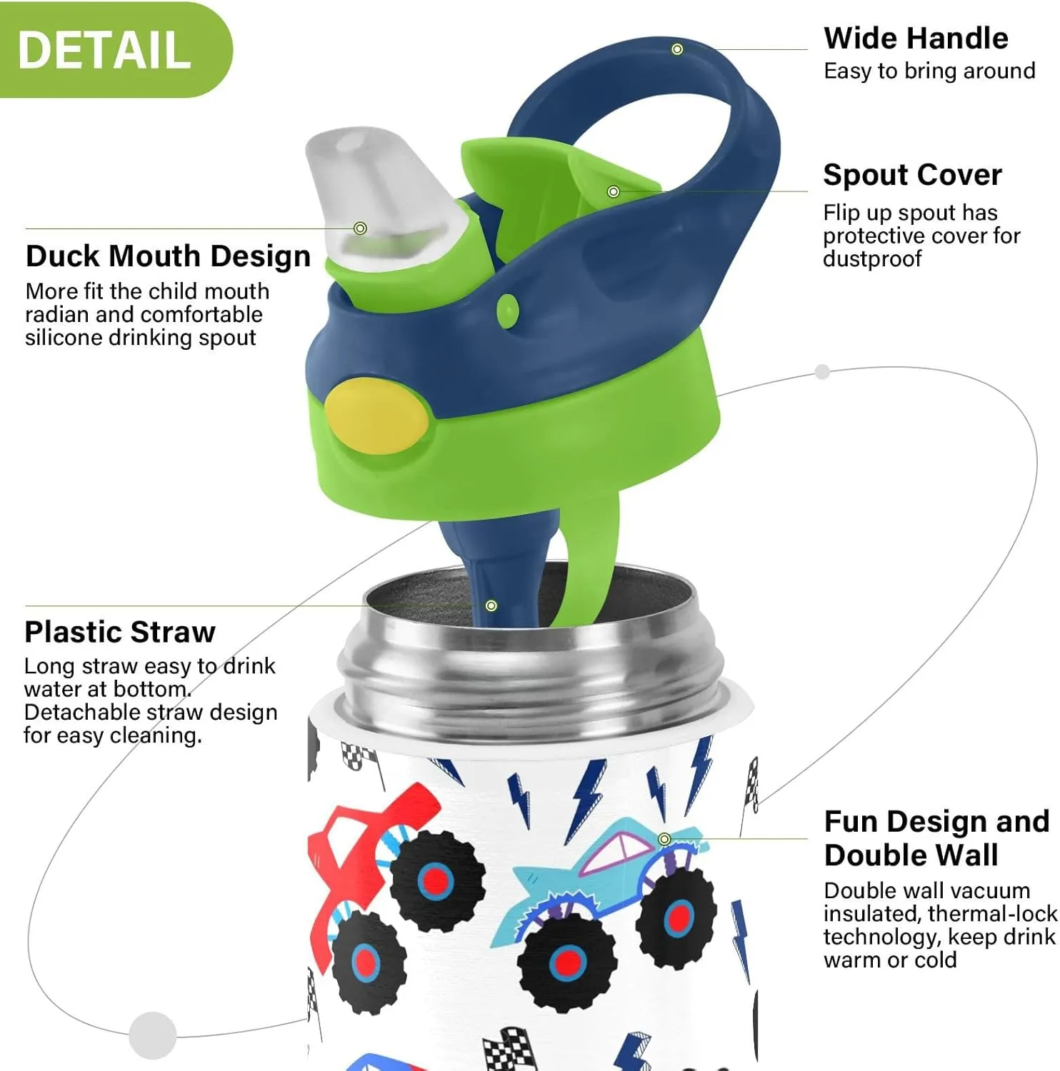 Monster Truck Kids Water Bottle with Straw and Carry Handle Racing Car Cool Vacuum Insulated Stainless Steel Bottles Leak-Proof for Boys Girls Toddler 12 oz Green Lid
