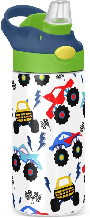 Monster Truck Kids Water Bottle with Straw and Carry Handle Racing Car Cool Vacuum Insulated Stainless Steel Bottles Leak-Proof for Boys Girls Toddler 12 oz Green Lid