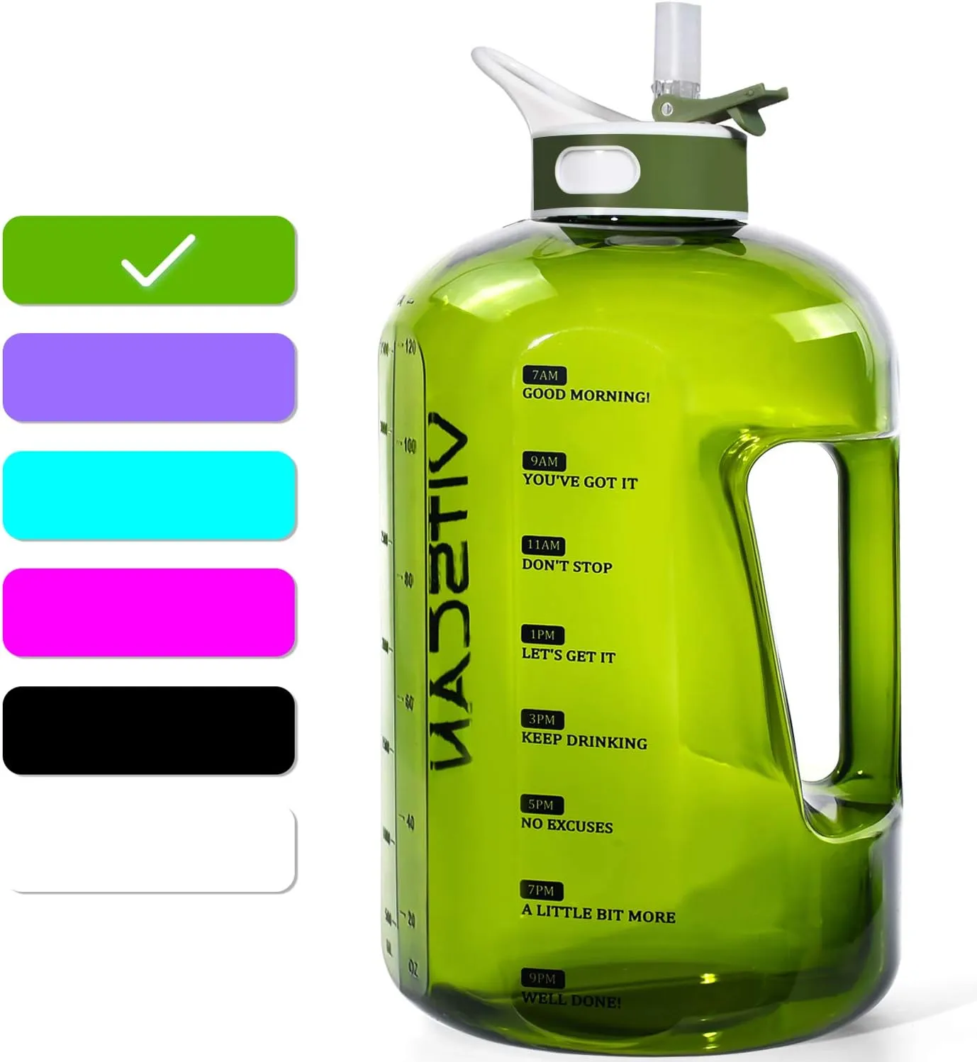 Motivational 1 Gallon Water Bottle with Time Marker, Large 128 Oz Bottle, Big Jug for Sports (Green)