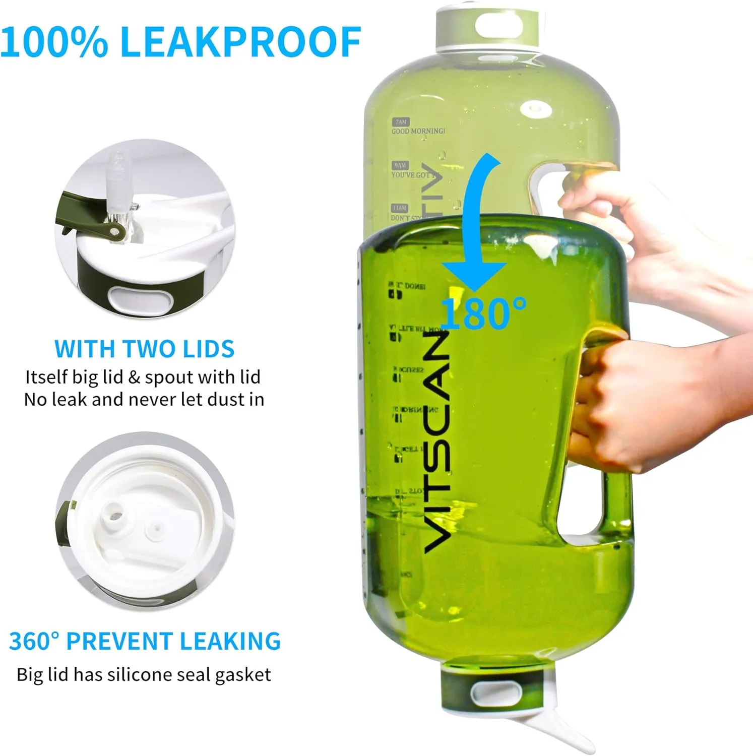 Motivational 1 Gallon Water Bottle with Time Marker, Large 128 Oz Bottle, Big Jug for Sports (Green)