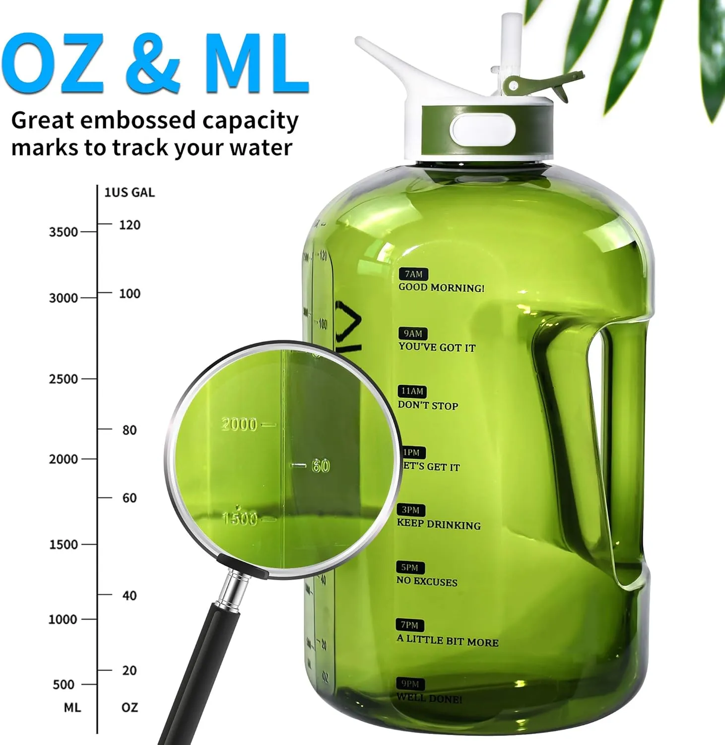 Motivational 1 Gallon Water Bottle with Time Marker, Large 128 Oz Bottle, Big Jug for Sports (Green)