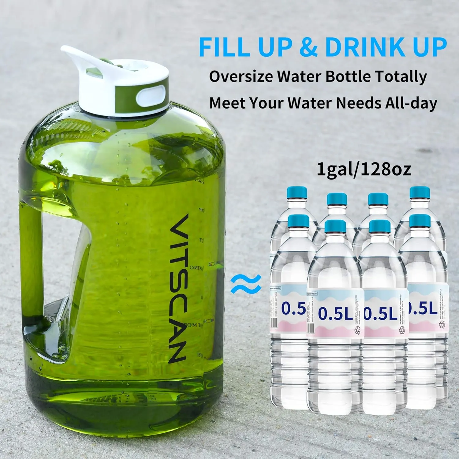 Motivational 1 Gallon Water Bottle with Time Marker, Large 128 Oz Bottle, Big Jug for Sports (Green)