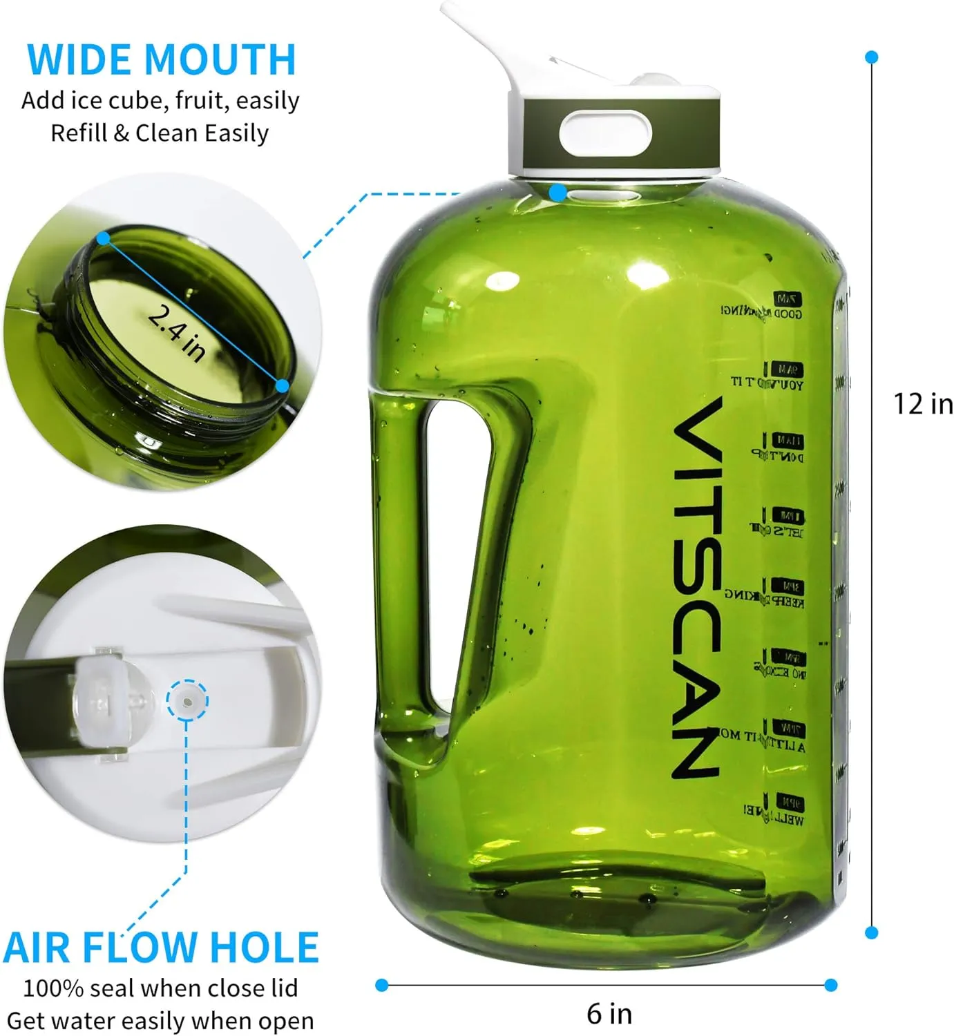 Motivational 1 Gallon Water Bottle with Time Marker, Large 128 Oz Bottle, Big Jug for Sports (Green)