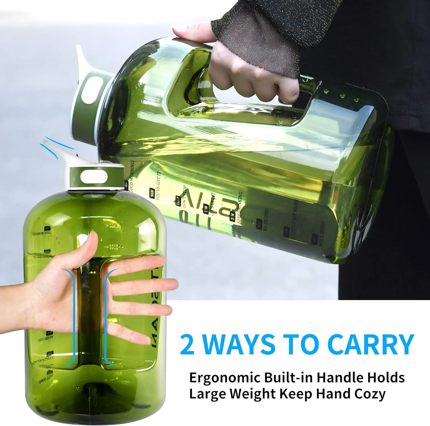 Motivational 1 Gallon Water Bottle with Time Marker, Large 128 Oz Bottle, Big Jug for Sports (Green)