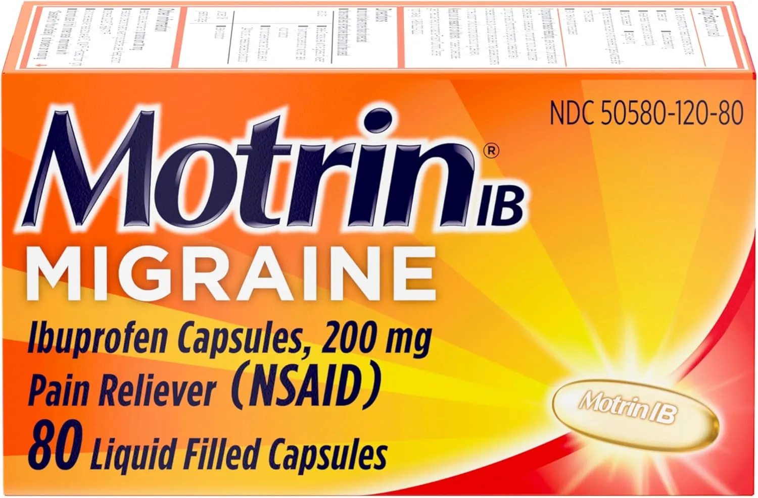 Motrin IB Migraine Relief Liquid Gel Capsules with 200 mg Ibuprofen per Capsule, Fast & Effective Migraine Headache Medicine with NSAID Pain Reliever Ibuprofen, Caffeine-Free, 80 ct