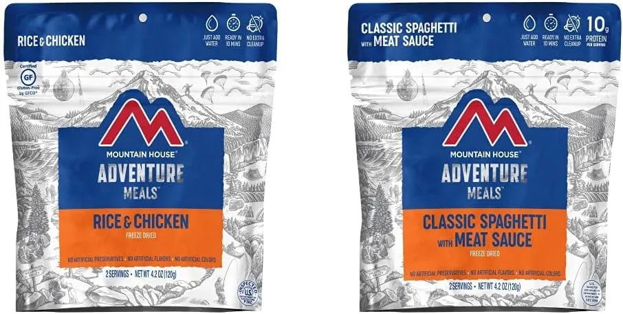 Mountain House Rice & Chicken | Freeze Dried Backpacking & Camping Food |2-Servings | Gluten-Free & Classic Spaghetti with Meat Sauce | Freeze Dried Backpacking & Camping Food |2 Servings