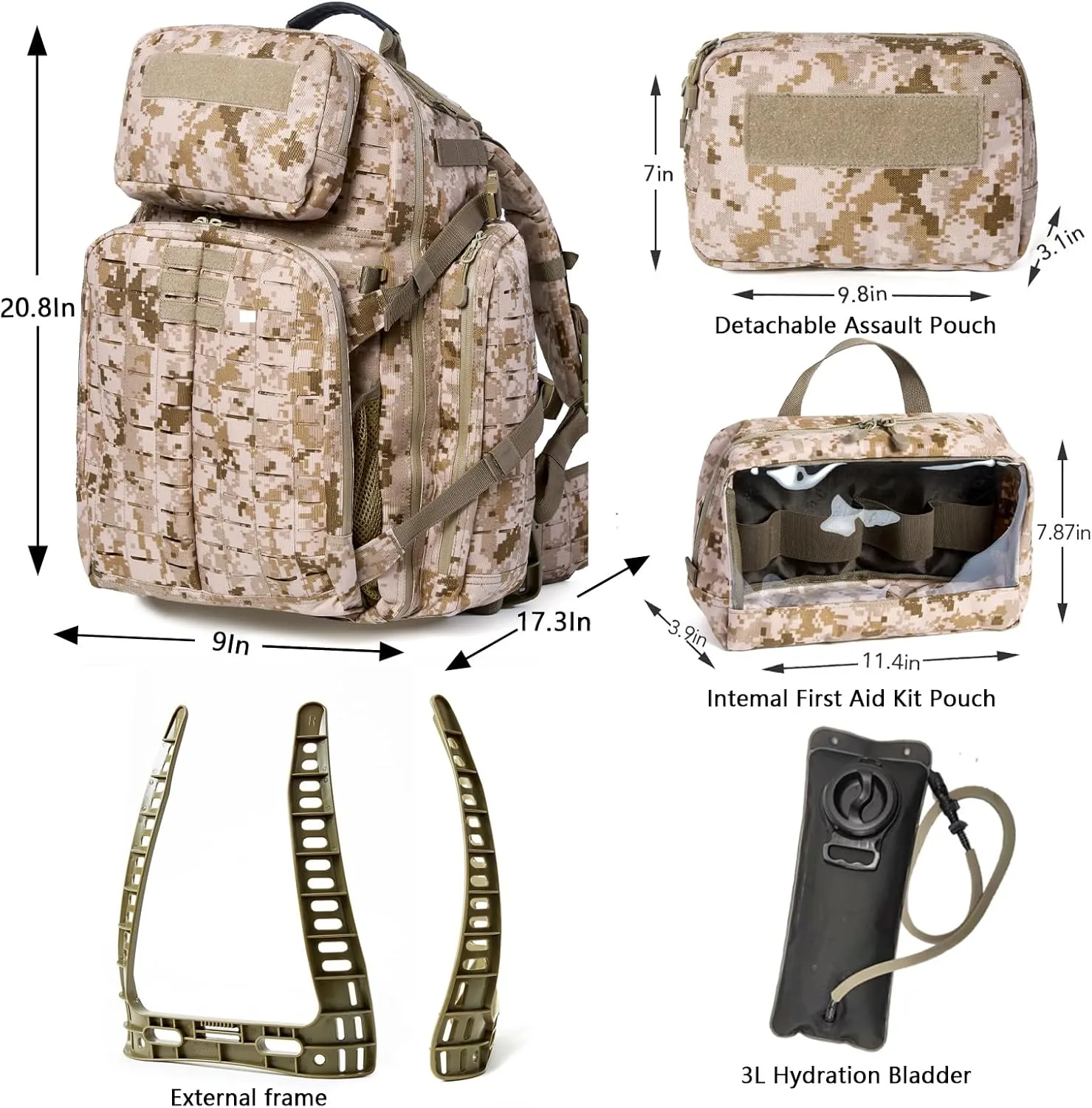 MT Military 3Day Rucksack with External Frame MOLLE Army Medium Ruck, Assault Backpack