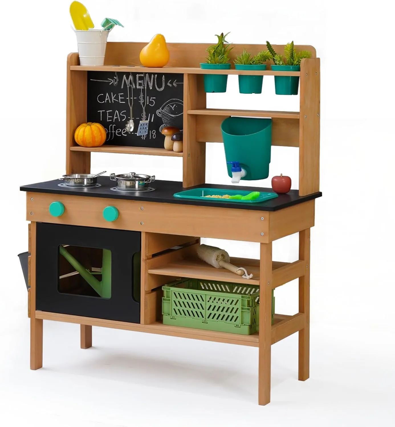 Mud Kitchen for Kids Outdoor – Wooden Pretend Play Kitchen Set with Realistic Stove, Sink & Gardening Tools | Montessori Learning Playset Toy for Toddler Ages 3 