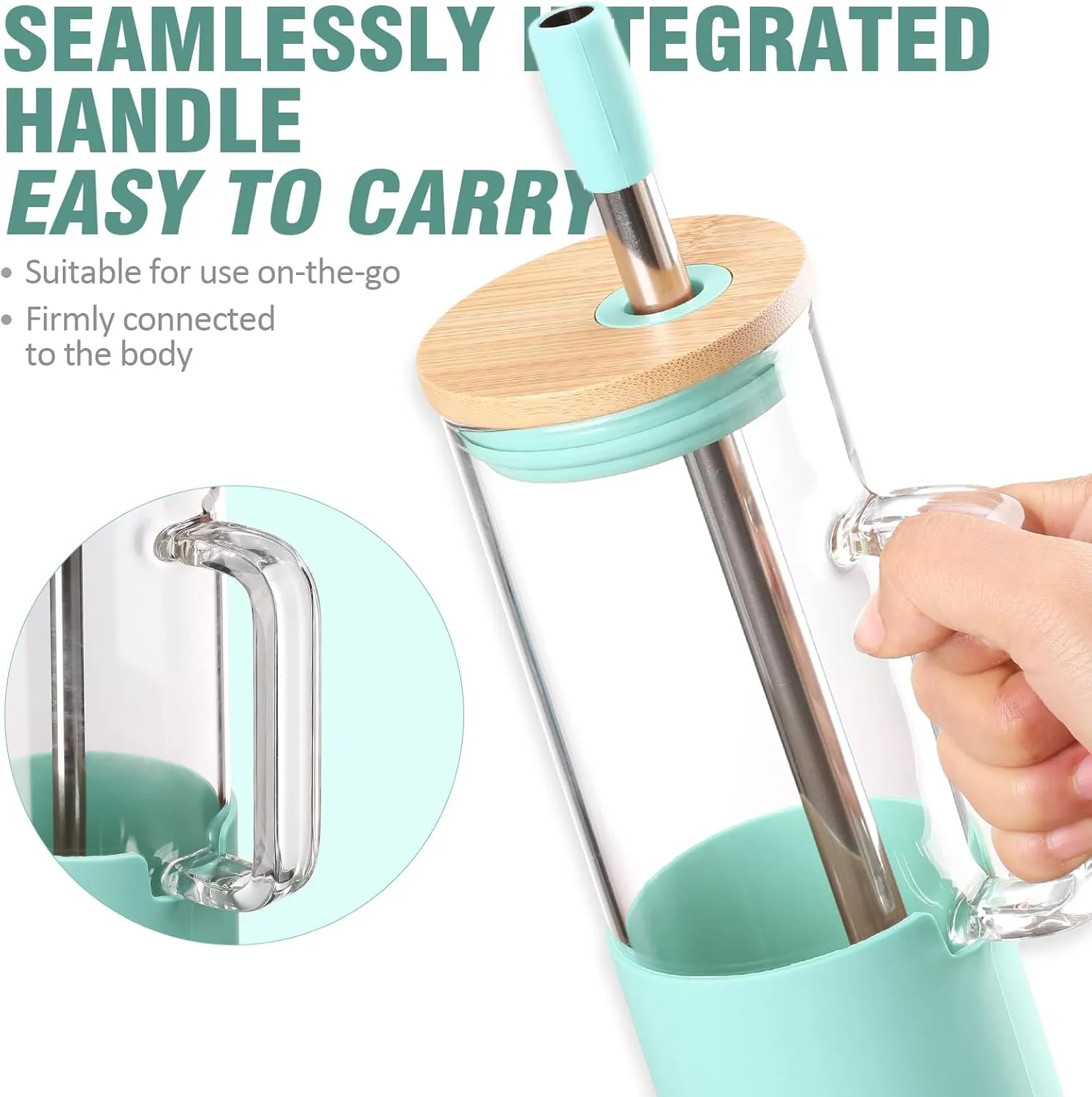 MUKOKO Glass Cups With Lids and Straws, 20oz Glass Tumbler with Straw and Handle, Iced Coffee Cups with lids - Bamboo Lid & On the Go Lid, Smoothie Cup Leak Proof Tumbler with Silicone Sleeve(Green)