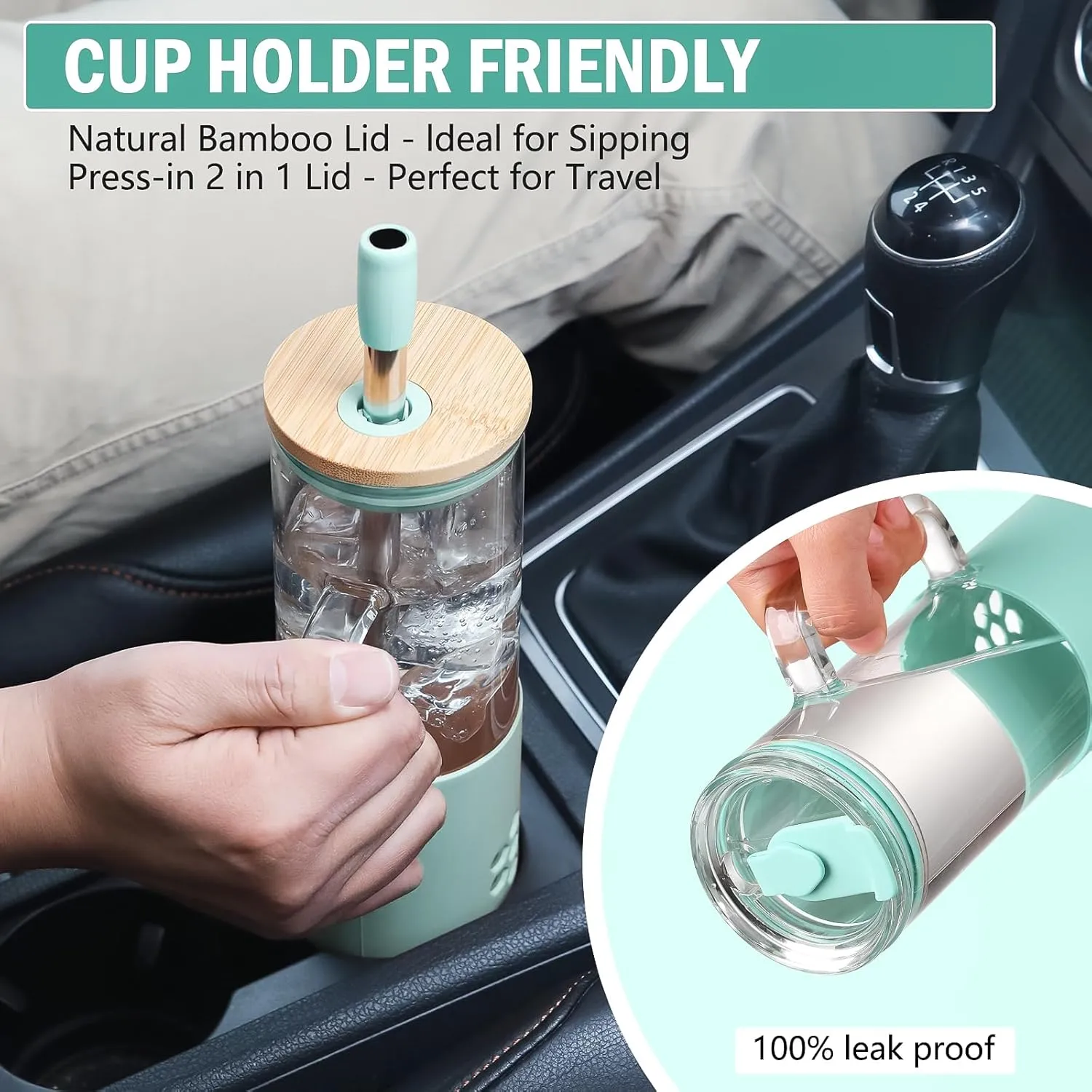 MUKOKO Glass Cups With Lids and Straws, 20oz Glass Tumbler with Straw and Handle, Iced Coffee Cups with lids - Bamboo Lid & On the Go Lid, Smoothie Cup Leak Proof Tumbler with Silicone Sleeve(Green)