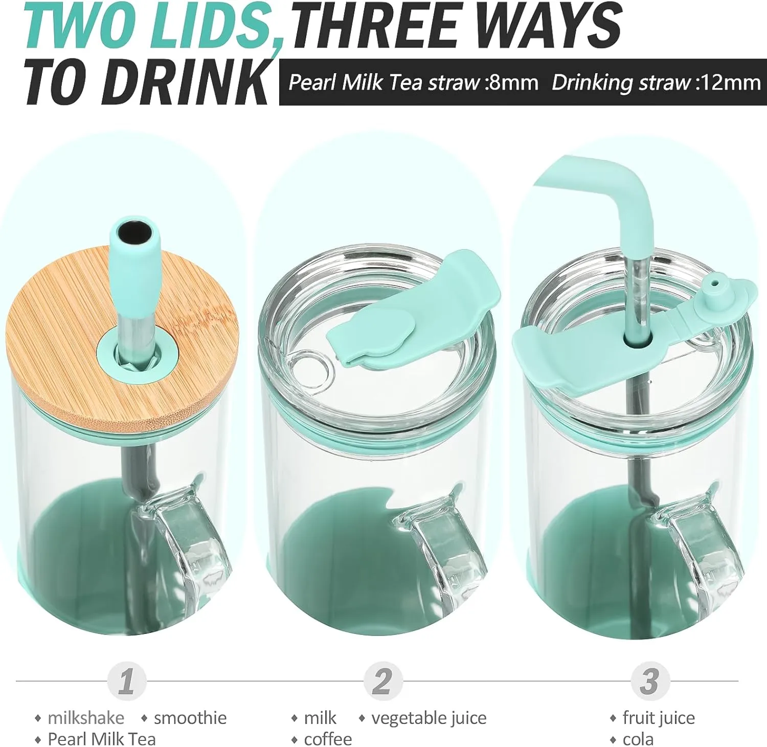 MUKOKO Glass Cups With Lids and Straws, 20oz Glass Tumbler with Straw and Handle, Iced Coffee Cups with lids - Bamboo Lid & On the Go Lid, Smoothie Cup Leak Proof Tumbler with Silicone Sleeve(Green)