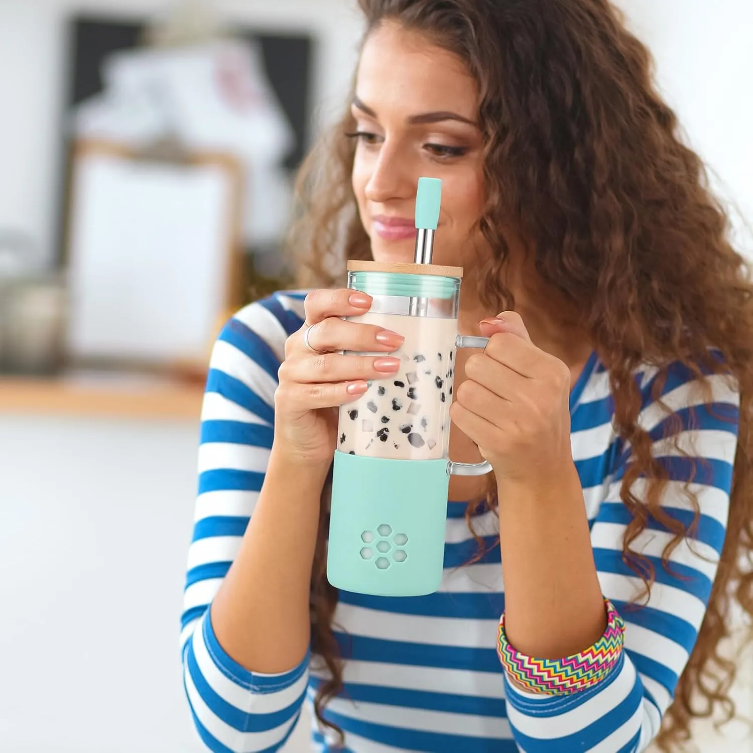 MUKOKO Glass Cups With Lids and Straws, 20oz Glass Tumbler with Straw and Handle, Iced Coffee Cups with lids - Bamboo Lid & On the Go Lid, Smoothie Cup Leak Proof Tumbler with Silicone Sleeve(Green)