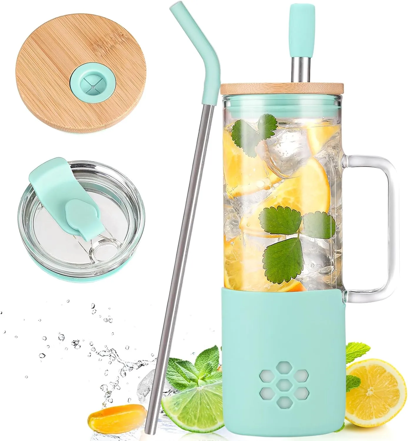 MUKOKO Glass Cups With Lids and Straws, 20oz Glass Tumbler with Straw and Handle, Iced Coffee Cups with lids - Bamboo Lid & On the Go Lid, Smoothie Cup Leak Proof Tumbler with Silicone Sleeve(Green)
