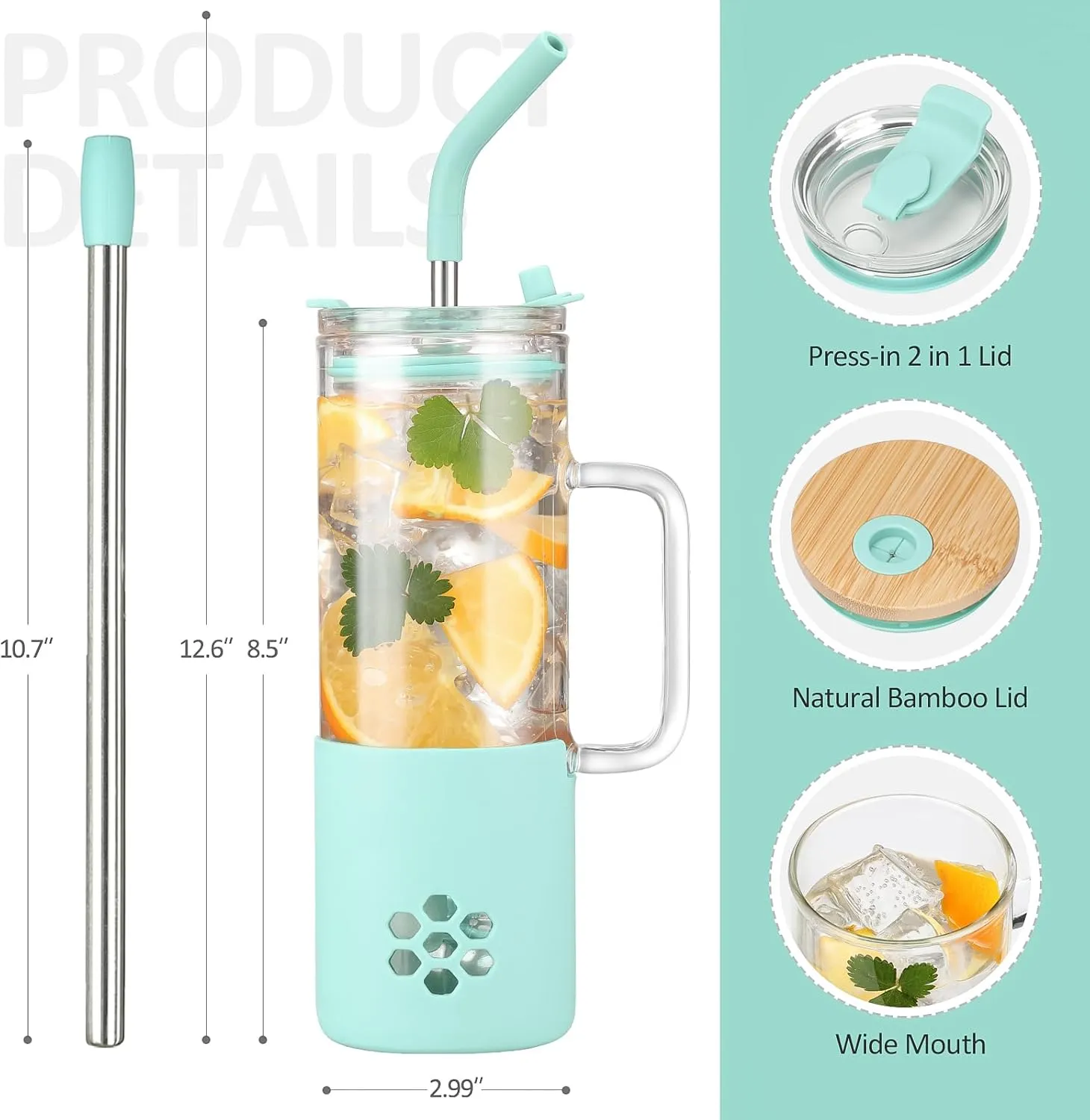 MUKOKO Glass Cups With Lids and Straws, 20oz Glass Tumbler with Straw and Handle, Iced Coffee Cups with lids - Bamboo Lid & On the Go Lid, Smoothie Cup Leak Proof Tumbler with Silicone Sleeve(Green)