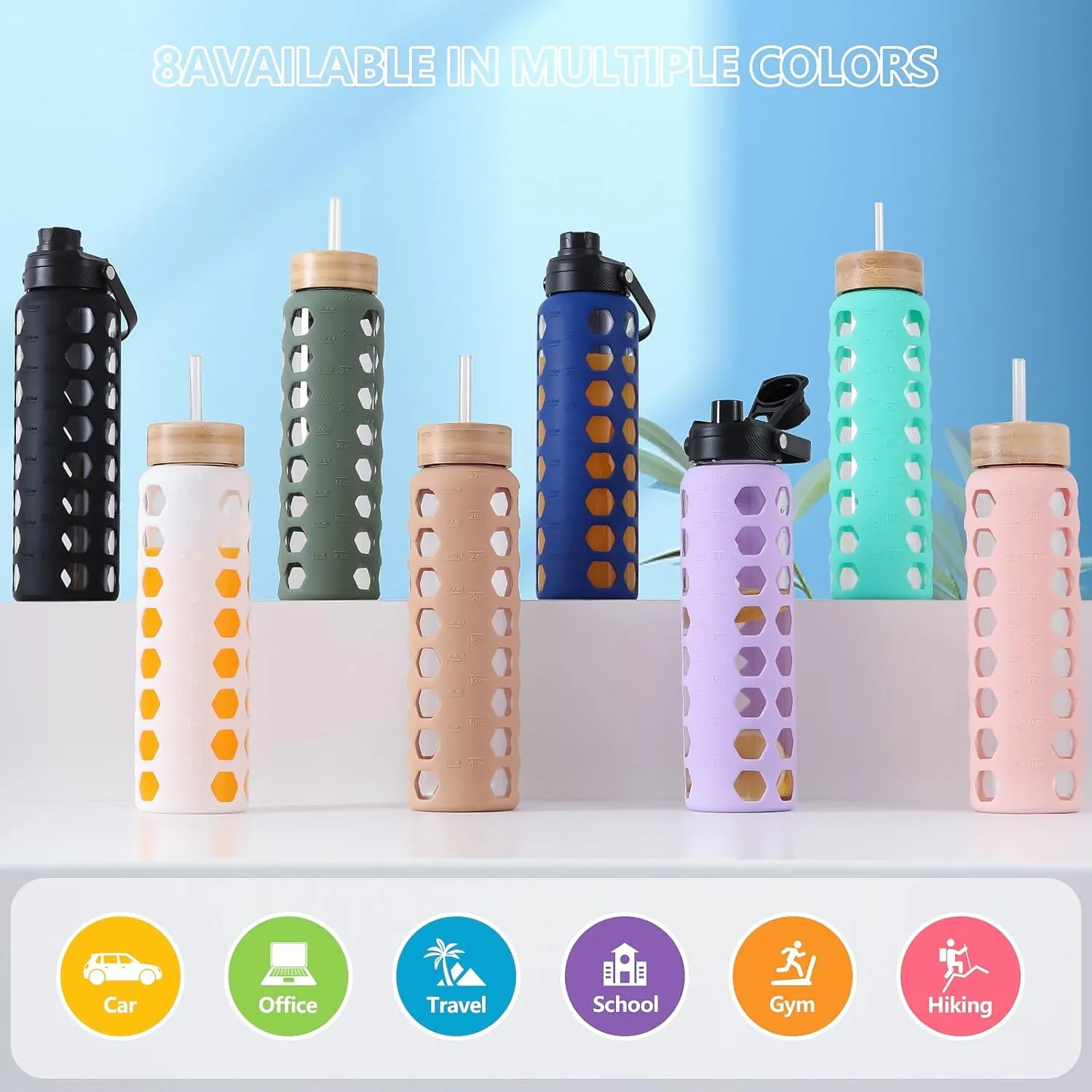 MUKOKO Glass Water Bottles, 32oz Glass Tumbler with Straw, Drinking Bottles with 2 Lids-Handle Spout Lid&Bamboo Straw Lid, Motivational Water Bottle with Time Marker and Silicone Sleeve, 1 Pack-Olive