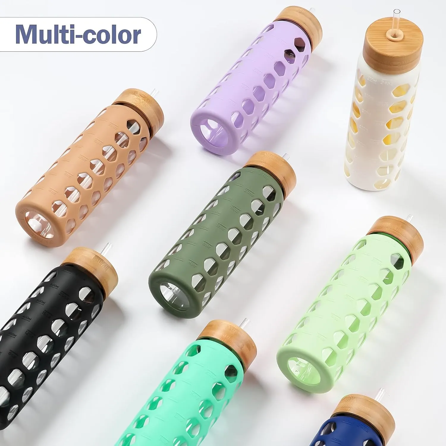 MUKOKO Glass Water Bottles,24oz Glass Tumbler with Straw,Drinking Bottles with 2 Lids-Handle Spout Lid&Bamboo Straw Lid,Motivational Water Bottle with Time Marker and Silicone Sleeve,1 Pack-Mustard