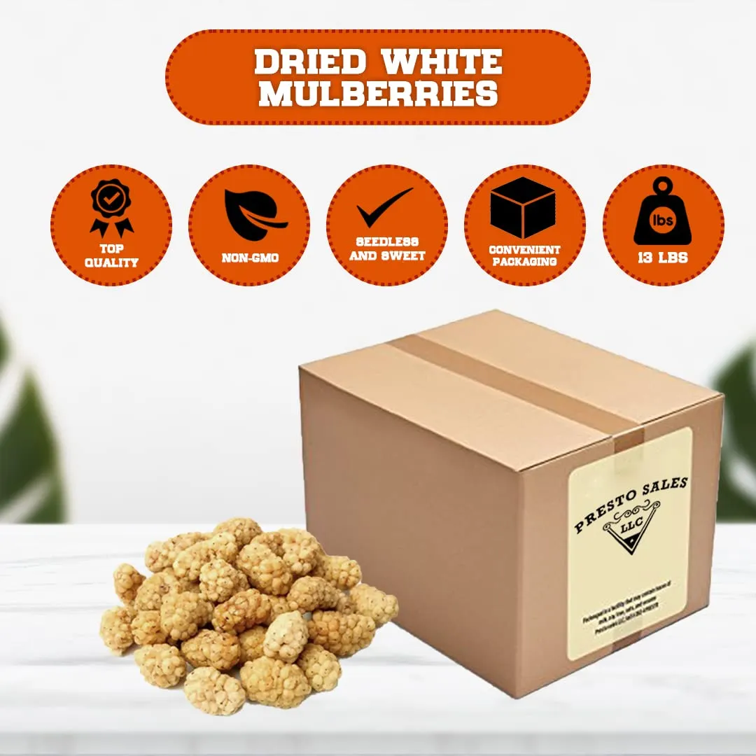 Mulberries, FRESH" Sun Dried White, No sugar added, Low Sugar #1 Snack, Immense Nutrition, 100% Natural, Deliciousness, Turkish, Packed in a resealable 13 lbs. (208 oz.) pouch bag by Presto Sales LLC