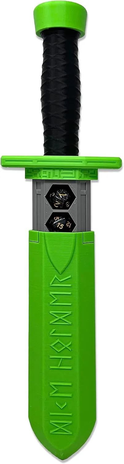 MunnyGrubbers - Sword Dagger Dice Holder - (Random 7PCS D20 Dice Set Included) - Custom Polyhedral Dice Storage for Tabletop RPG - Dungeons and Dragons - DND - D&D (Bright Green)