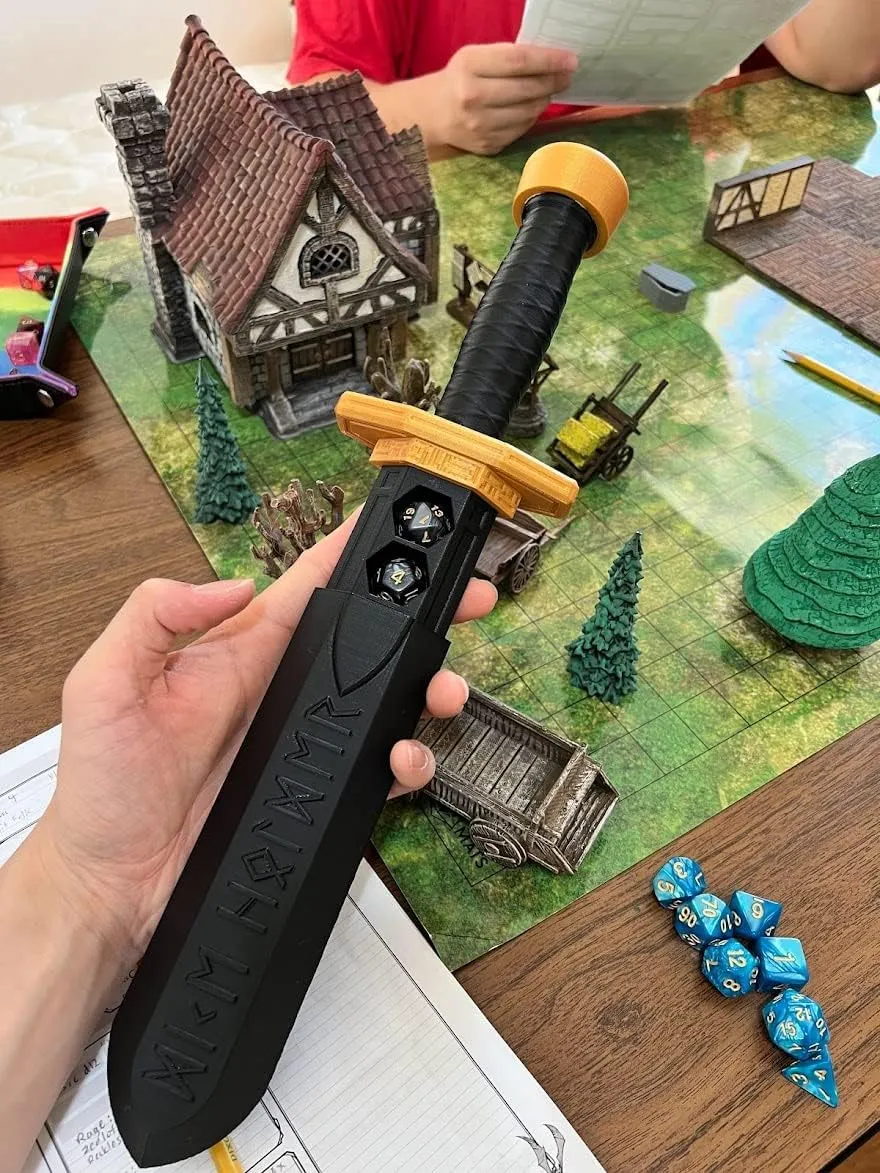 MunnyGrubbers - Sword Dagger Dice Holder - (Random 7PCS D20 Dice Set Included) - Custom Polyhedral Dice Storage for Tabletop RPG - Dungeons and Dragons - DND - D&D (Bright Green)