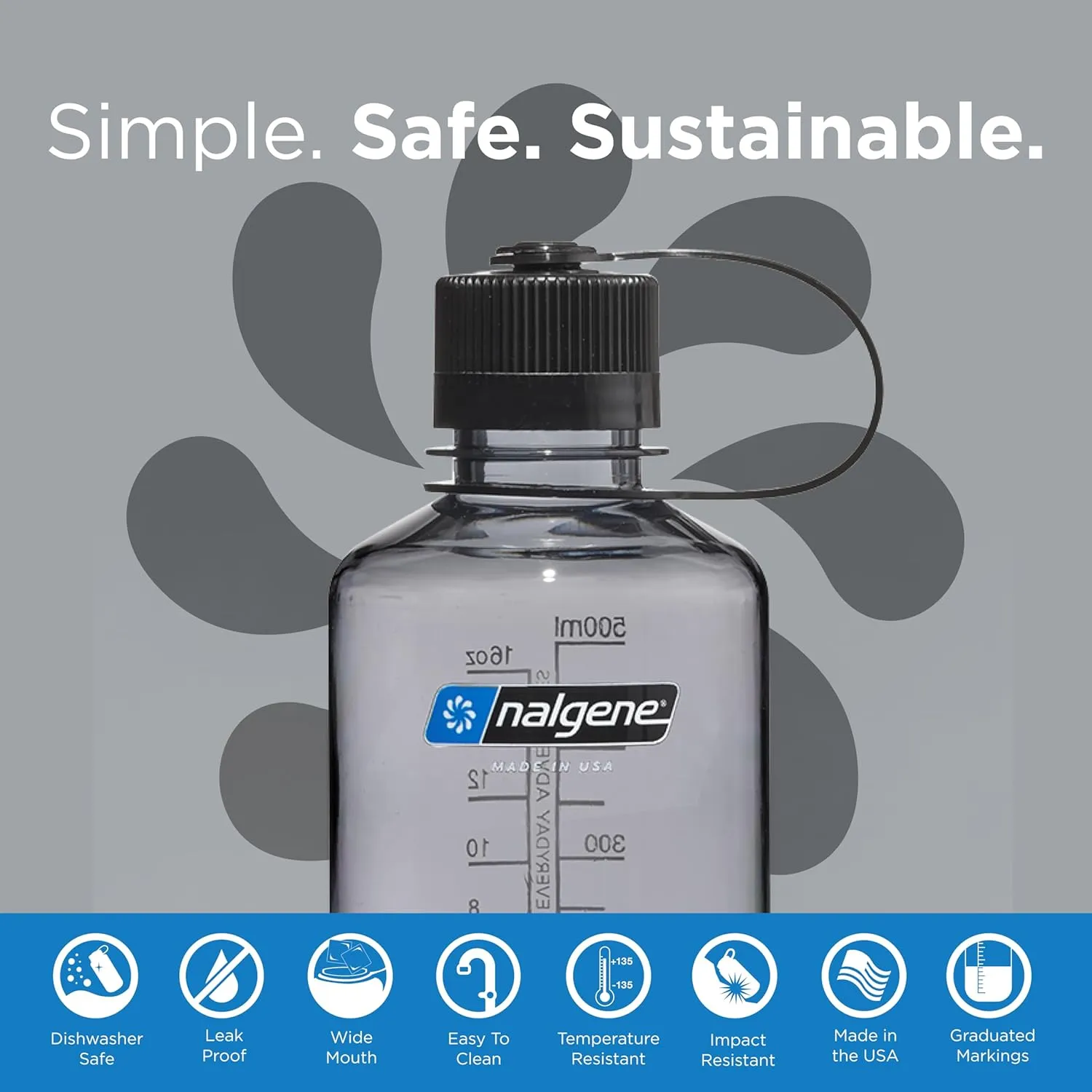 Nalgene Sustain Tritan BPA-Free Water Bottle Made with Material Derived from 50% Plastic Waste (using ISCC certified mass balance), 16 OZ, Narrow Mouth, Gray