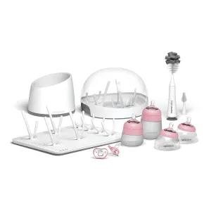 Nanobébé Breastmilk and Silicone Baby Bottle Ultimate Set Gen 2, 5oz and 9oz - with Sterilizer, Drying Rack, Anti-Colic Nipples, Pacifiers, and Warmer - Pink/Grey