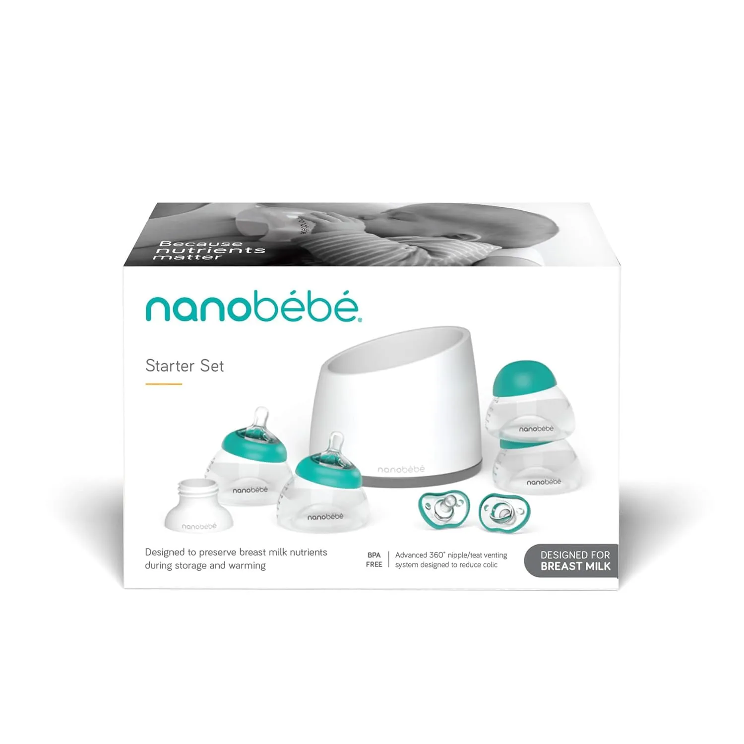 Nanobebe Breastmilk Baby Bottle Anti-Colic Starter Set with Silicone Pacifiers, Breast Pump Adapter, and Slow Flow Nipples - 5 oz - Teal/Grey