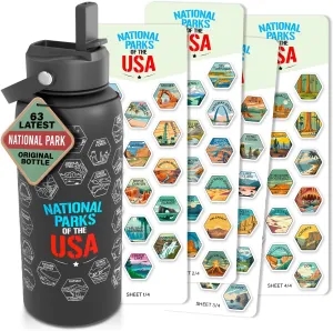 National Parks Water Bottle With Waterproof Stickers Wrap Around- Stainless Steel Insulated Vacuum Sealed 32 oz With Leak Proof Lid (National Park BLACK V2)