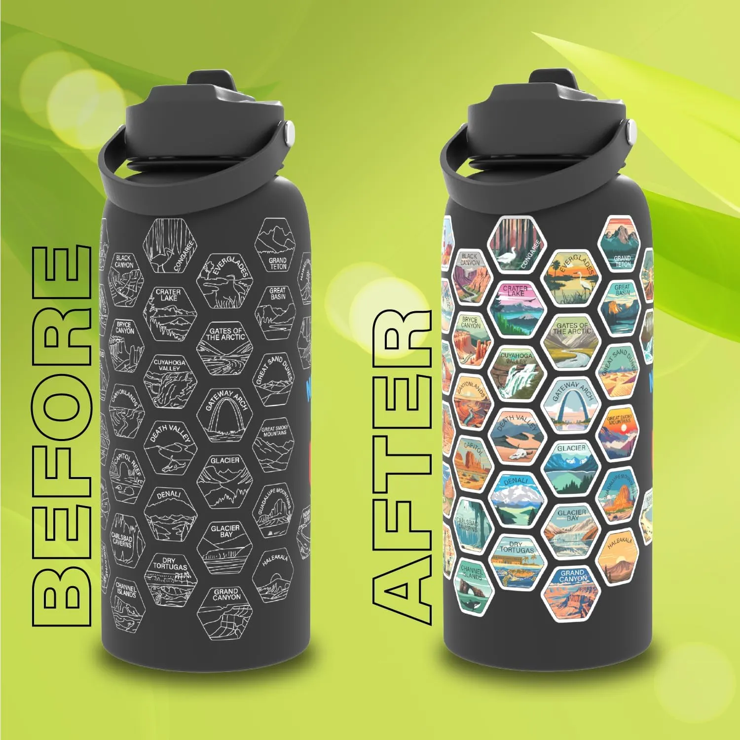 National Parks Water Bottle With Waterproof Stickers Wrap Around- Stainless Steel Insulated Vacuum Sealed 32 oz With Leak Proof Lid (National Park BLACK V2)