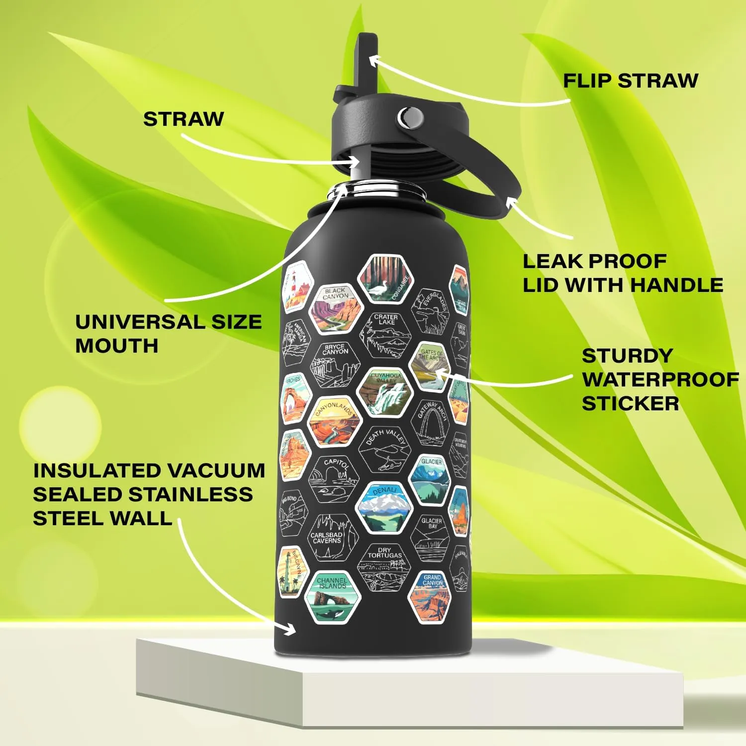 National Parks Water Bottle With Waterproof Stickers Wrap Around- Stainless Steel Insulated Vacuum Sealed 32 oz With Leak Proof Lid (National Park BLACK V2)