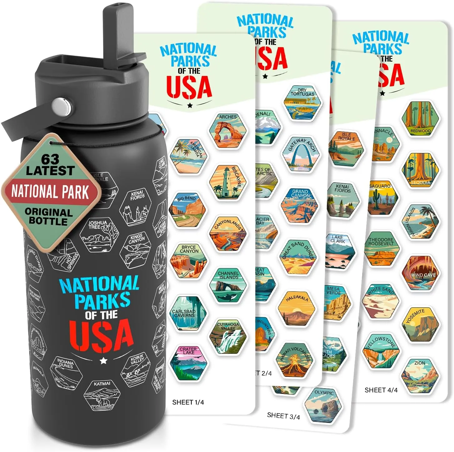 National Parks Water Bottle With Waterproof Stickers Wrap Around- Stainless Steel Insulated Vacuum Sealed 32 oz With Leak Proof Lid (National Park BLACK V2)