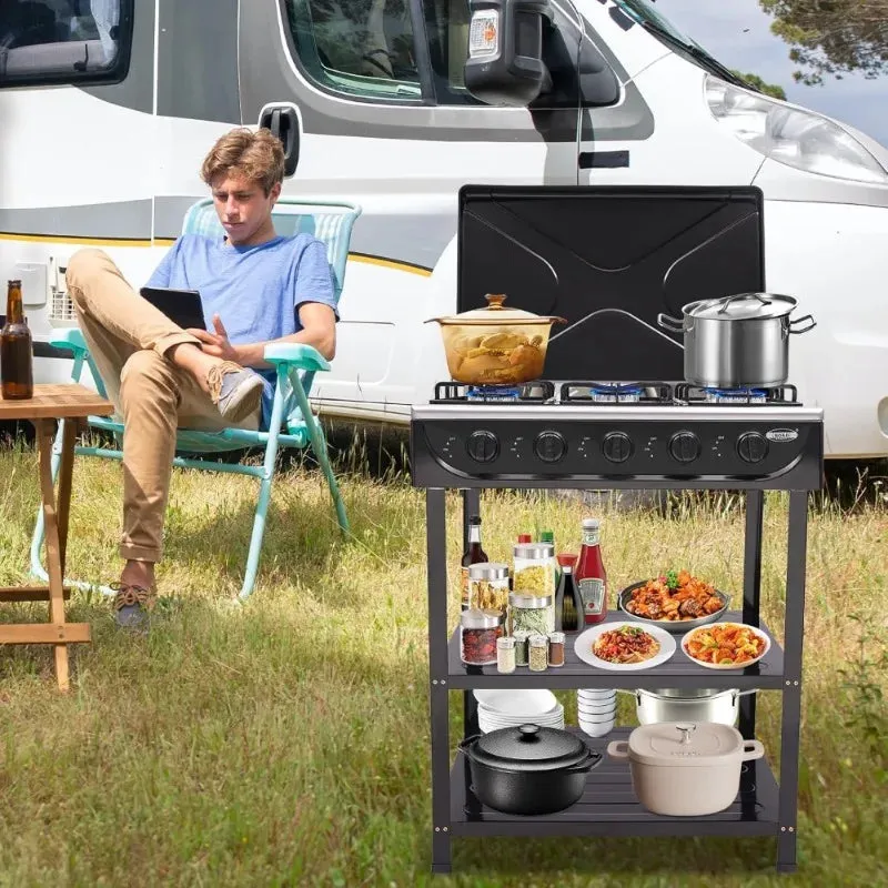 Natural Gas Stove Outdoor 5-Burner Stove Portable Gas Stove with 2 Placement Boards and Windshield for Outdoor Camping RV Travel