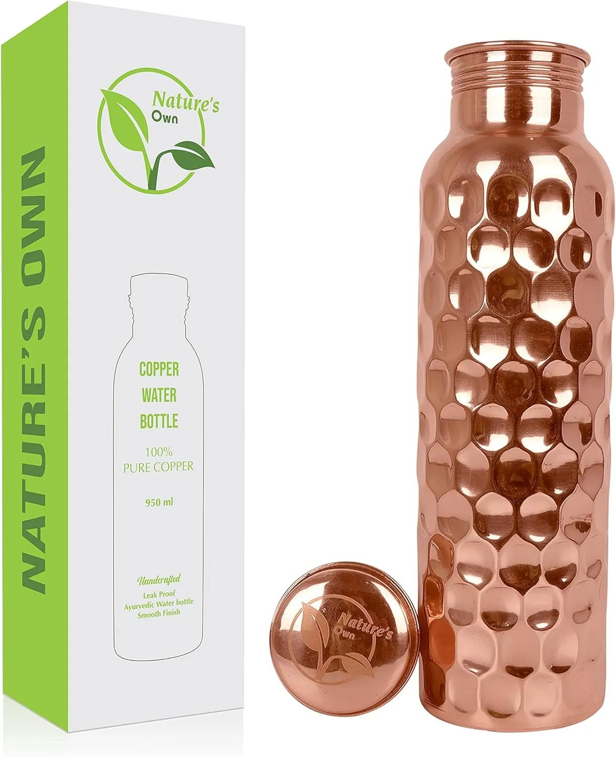 Nature's Own Copper Water Bottle, 34oz, Diamond, Ayurvedic Water Bottle with Lid, for Hiking, Camping, Home, Office, Gym, Travel, Outdoor Activities
