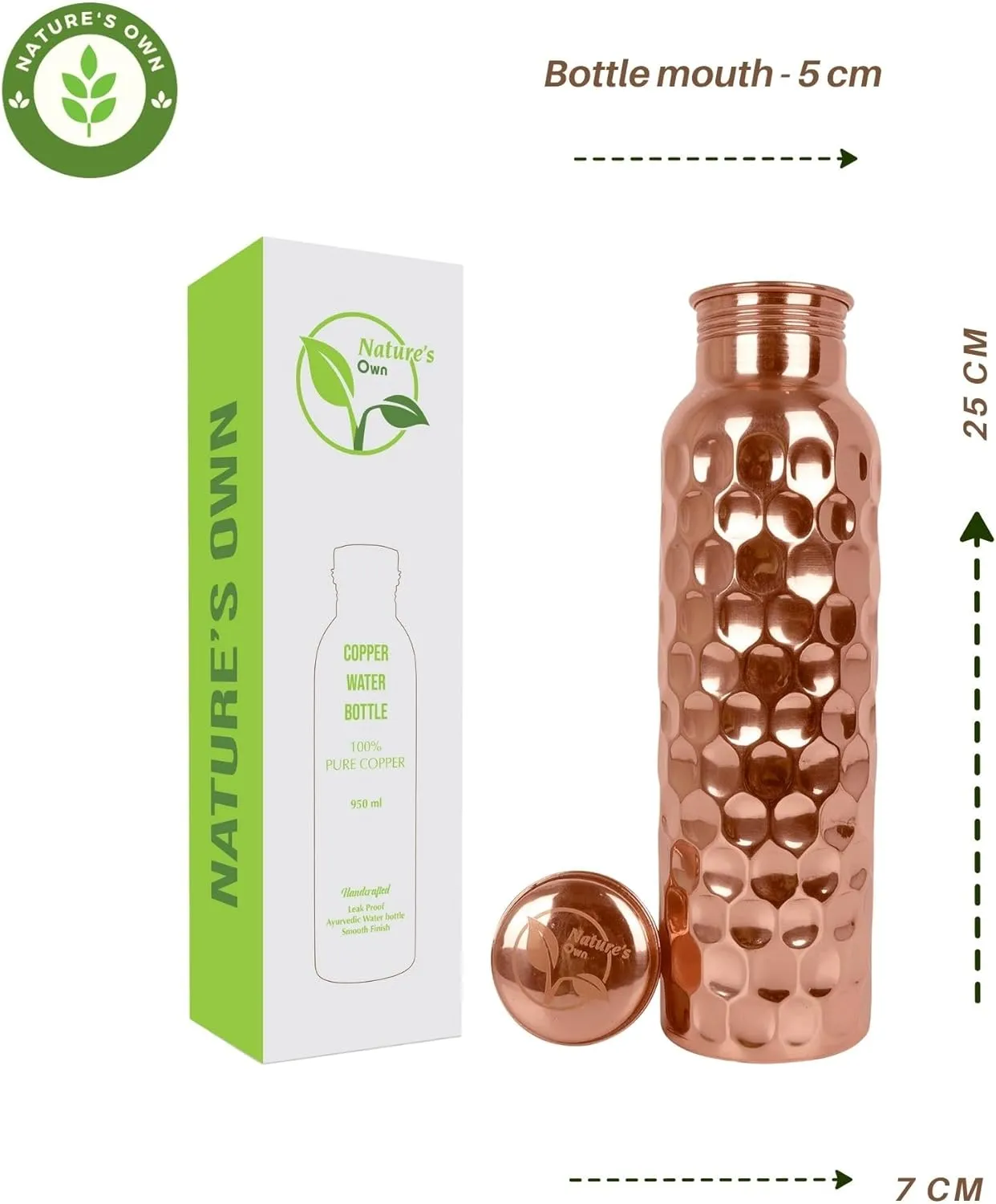 Nature's Own Copper Water Bottle, 34oz, Diamond, Ayurvedic Water Bottle with Lid, for Hiking, Camping, Home, Office, Gym, Travel, Outdoor Activities