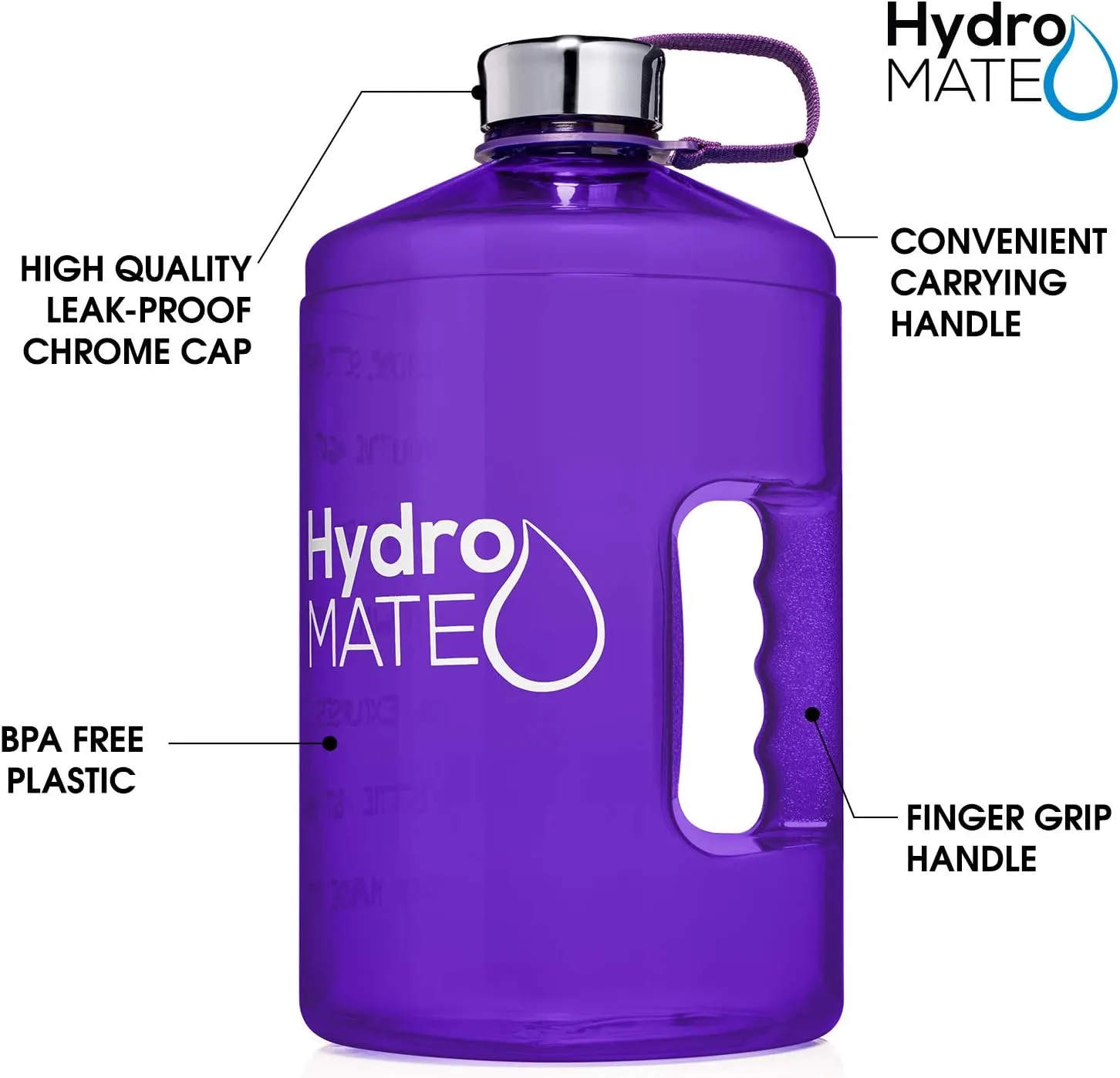 NatureWorks HydroMATE 1/2 Gallon Water Bottle with Times to Drink BPA Free Leak Proof Reusable Jug with Handle 64 oz (Purple)