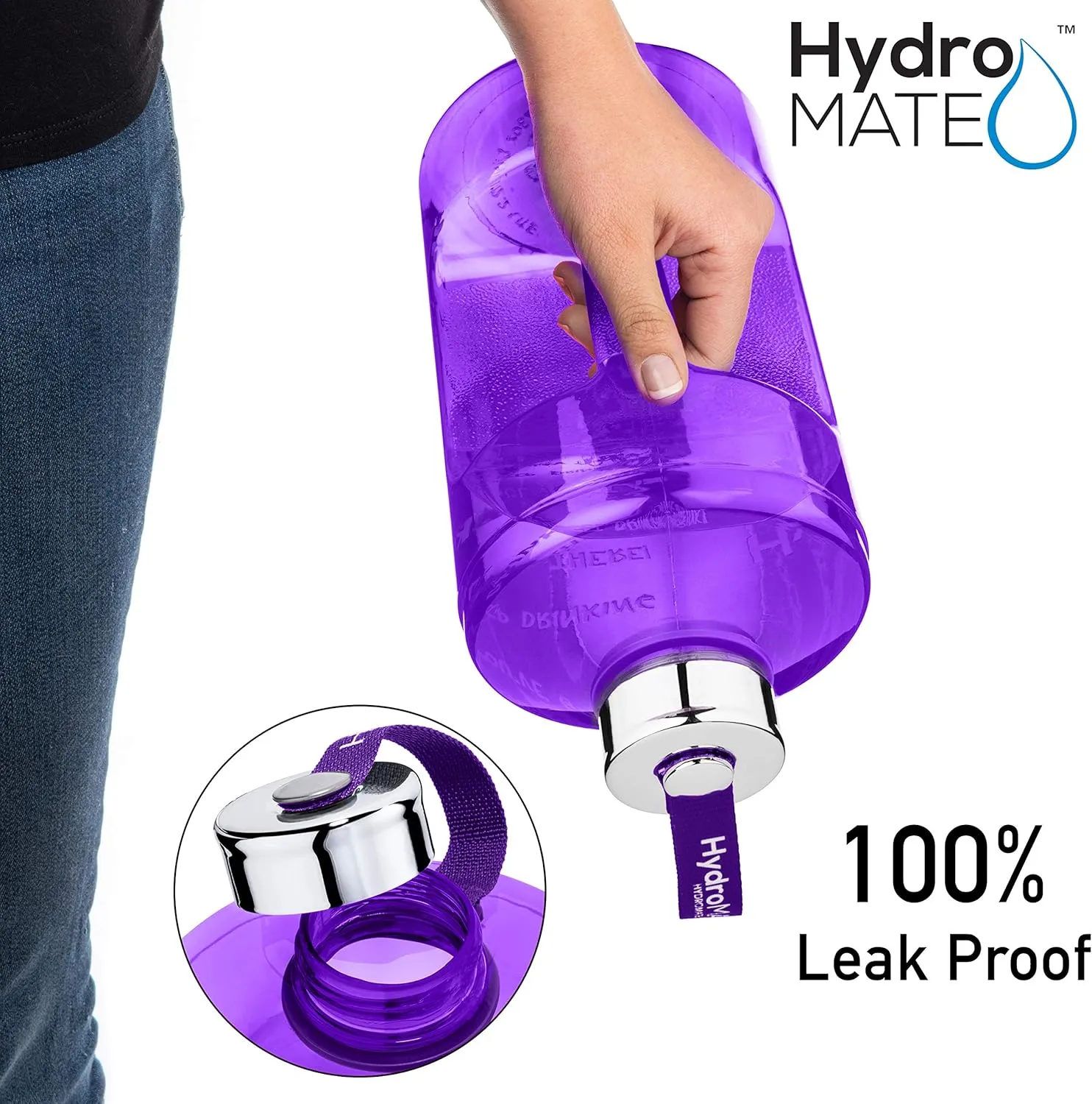 NatureWorks HydroMATE 1/2 Gallon Water Bottle with Times to Drink BPA Free Leak Proof Reusable Jug with Handle 64 oz (Purple)