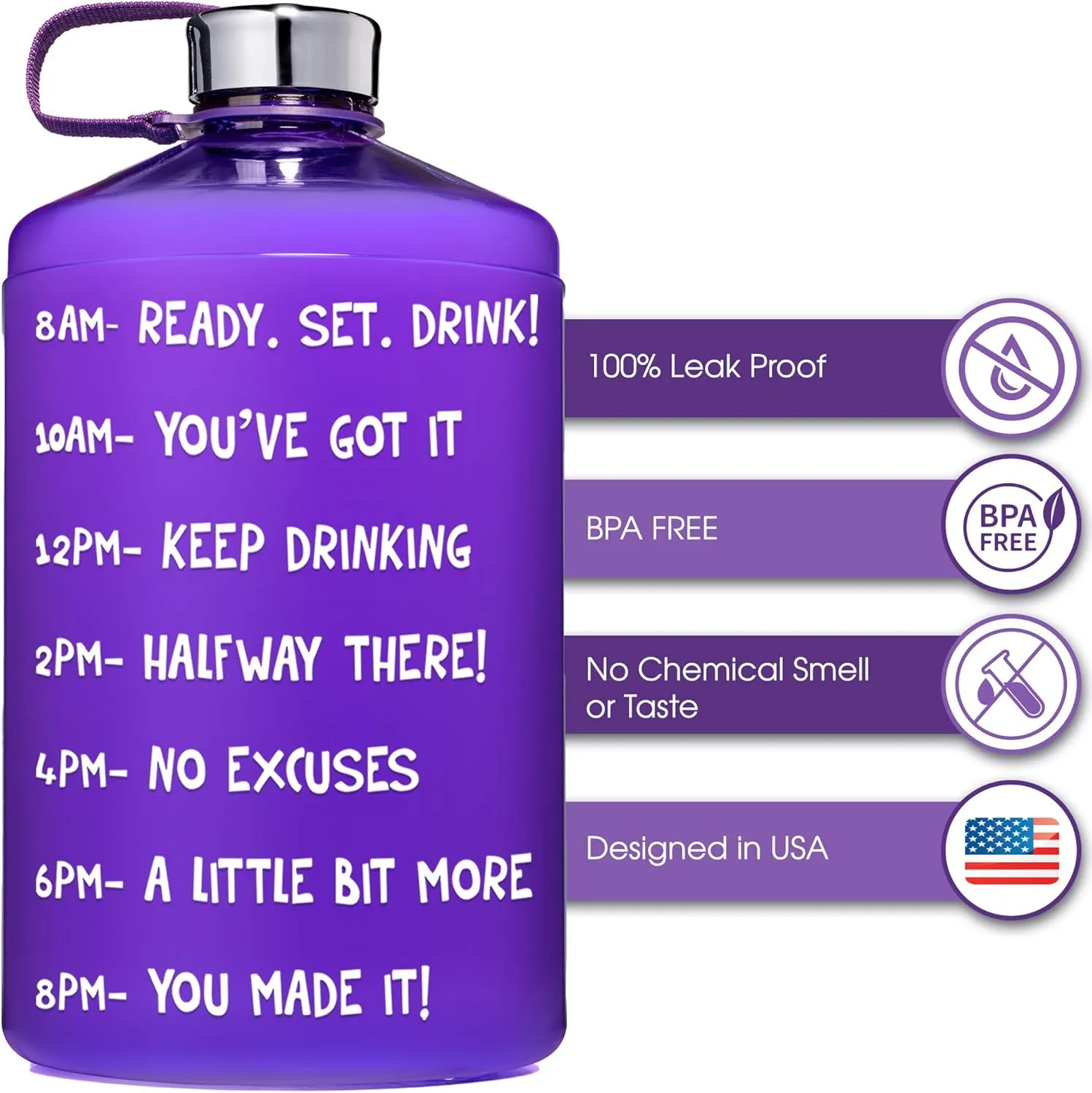 NatureWorks HydroMATE 1/2 Gallon Water Bottle with Times to Drink BPA Free Leak Proof Reusable Jug with Handle 64 oz (Purple)