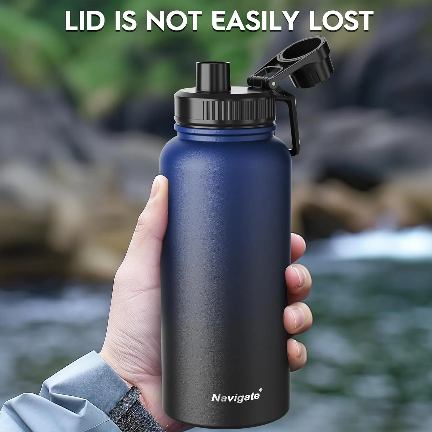 Navigate 32 oz Stainless Steel Insulated Water Bottle,Double Walled Leak Proof Keep Cold for 24 Hrs Hot for 12 Hrs,Wide Mouth Water Jug with Spout & Handle Lids,Blue to Black