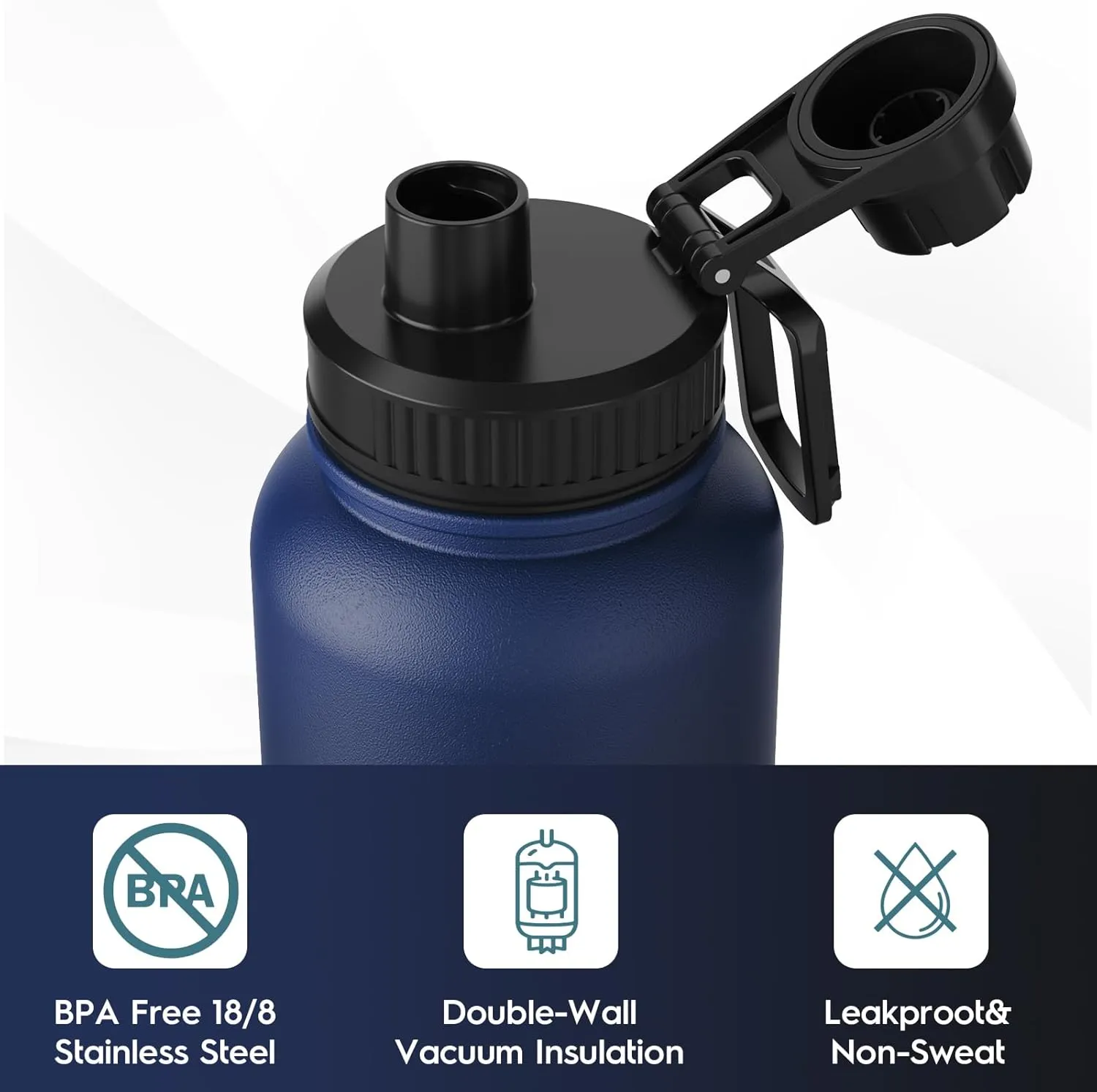 Navigate 32 oz Stainless Steel Insulated Water Bottle,Double Walled Leak Proof Keep Cold for 24 Hrs Hot for 12 Hrs,Wide Mouth Water Jug with Spout & Handle Lids,Blue to Black