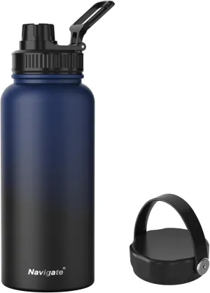 Navigate 32 oz Stainless Steel Insulated Water Bottle,Double Walled Leak Proof Keep Cold for 24 Hrs Hot for 12 Hrs,Wide Mouth Water Jug with Spout & Handle Lids,Blue to Black
