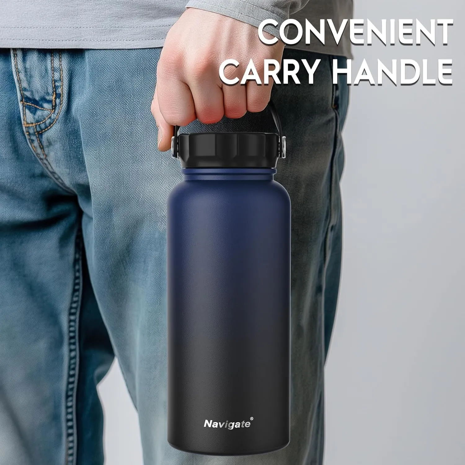 Navigate 32 oz Stainless Steel Insulated Water Bottle,Double Walled Leak Proof Keep Cold for 24 Hrs Hot for 12 Hrs,Wide Mouth Water Jug with Spout & Handle Lids,Blue to Black