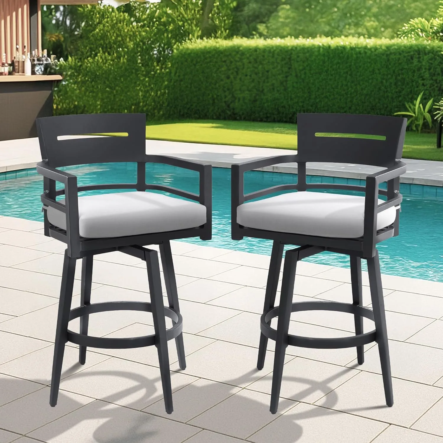 NICESOUL Aluminum Outdoor Swivel Bar Stools Set of 2, Modern Luxury 30 Inch Counter Height Bar Stool with Back, Tapered Legs Chairs with Sunbrella Cushion Fabrics for Patio Porch Backyard, Ember Black