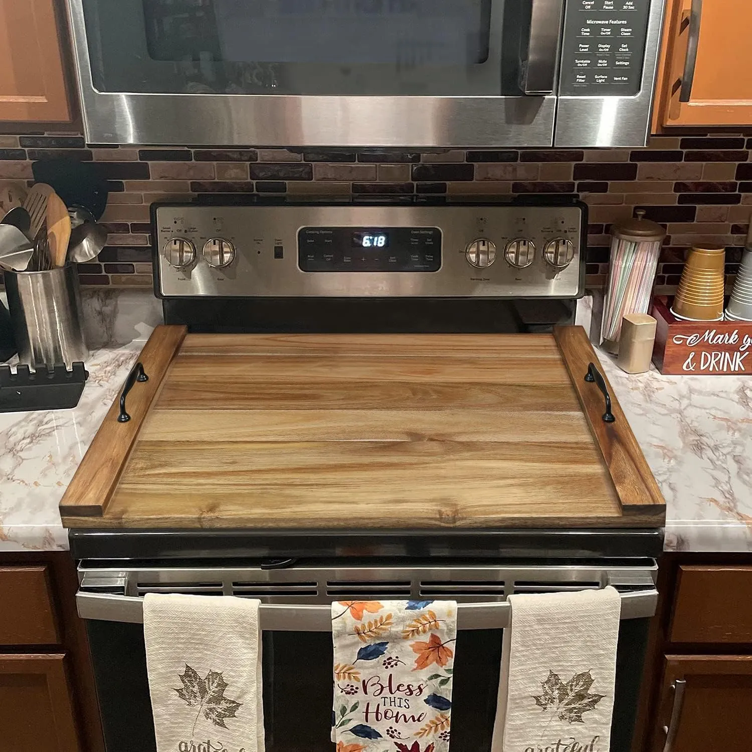 Noodle Board Stove Cover with Handles for Electric, Gas Stove Top (Acacia Wood)