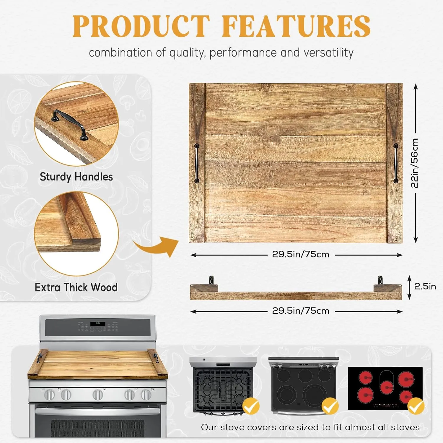 Noodle Board Stove Cover with Handles for Electric, Gas Stove Top (Acacia Wood)