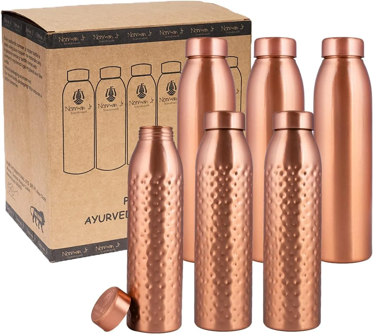 NORMAN JR, Copper Water Bottle 1L - Gift Box of 6, Plain 3, Hammered 3, an Ayurvedic vessel made from pure copper - helps you drink more water, with many health benefits