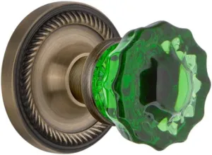 Nostalgic Warehouse 724967 Rope Rosette Crystal Emerald Glass Door Knob in Antique Brass, Privacy 2.75