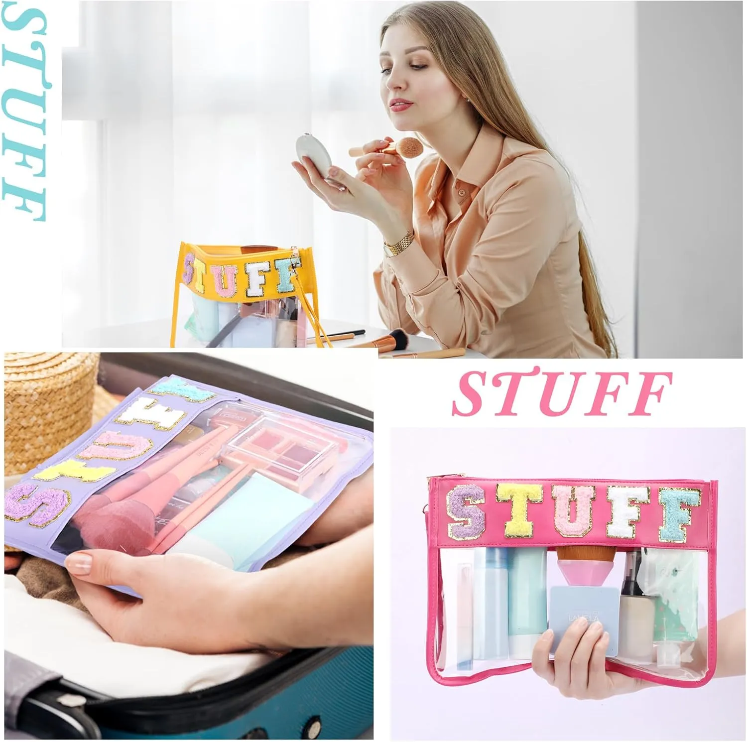 Nuanchu End of School Years 9 Pcs Clear Chenille Letter Bag Stuff Pouch PVC Waterproof Preppy Cosmetic Makeup Bag Snack Travel Beach Pouch with Wristlet for Teen Women Gifts(Stuff,Multicolor)