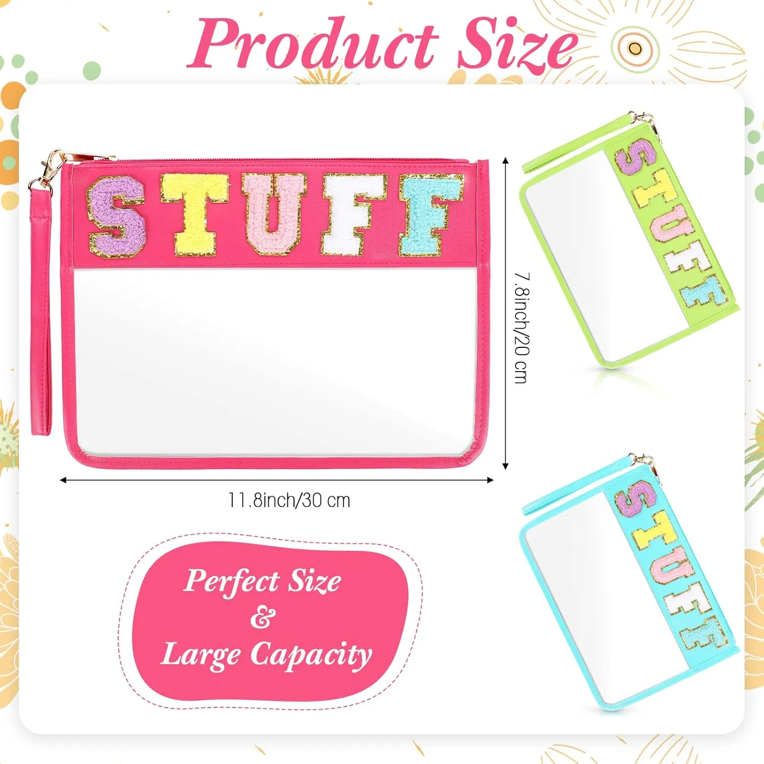 Nuanchu End of School Years 9 Pcs Clear Chenille Letter Bag Stuff Pouch PVC Waterproof Preppy Cosmetic Makeup Bag Snack Travel Beach Pouch with Wristlet for Teen Women Gifts(Stuff,Multicolor)