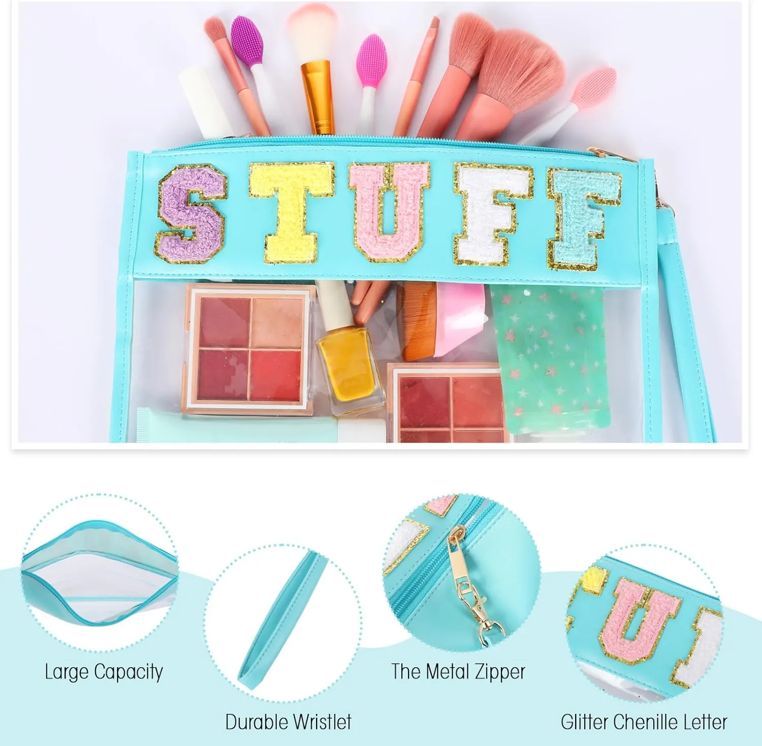 Nuanchu End of School Years 9 Pcs Clear Chenille Letter Bag Stuff Pouch PVC Waterproof Preppy Cosmetic Makeup Bag Snack Travel Beach Pouch with Wristlet for Teen Women Gifts(Stuff,Multicolor)